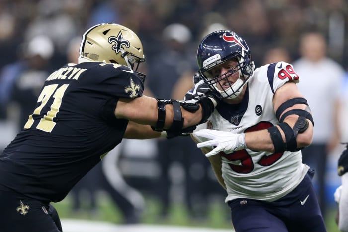 Houston Texans defensive end J.J. Watt (99) is blocked by New Orleans Saints offensive tackle Ryan Ramczyk (71). Mandatory Credit: Chuck Cook-USA TODAY Sports
